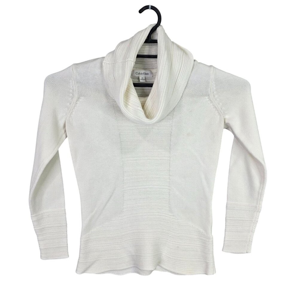 Womens Calvin Klein White Cowl Neck Sweater Long Sleeve Cotton Blend Size XS